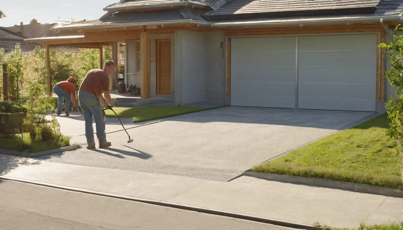 Fresh concrete driveway being smoothed beside a frame home in the Bethel area