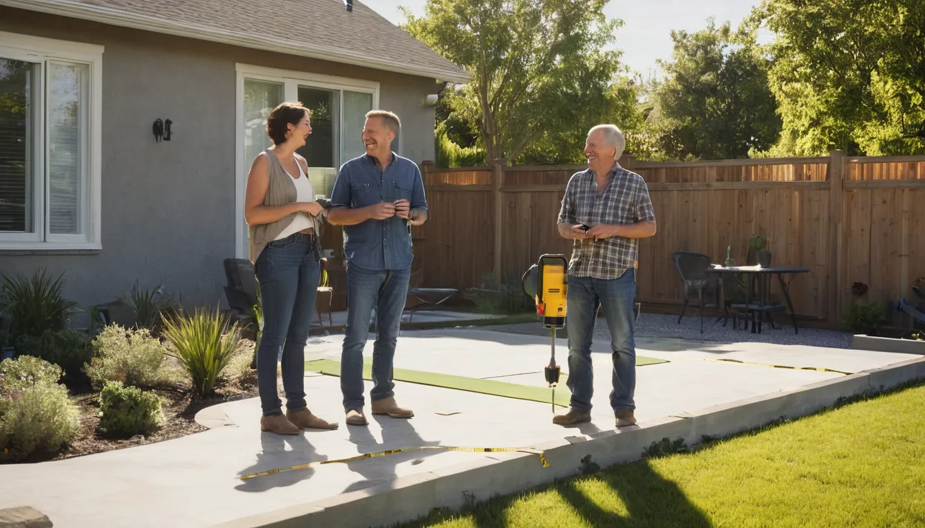 A homeowner reviewing patio plans with a local concrete provider