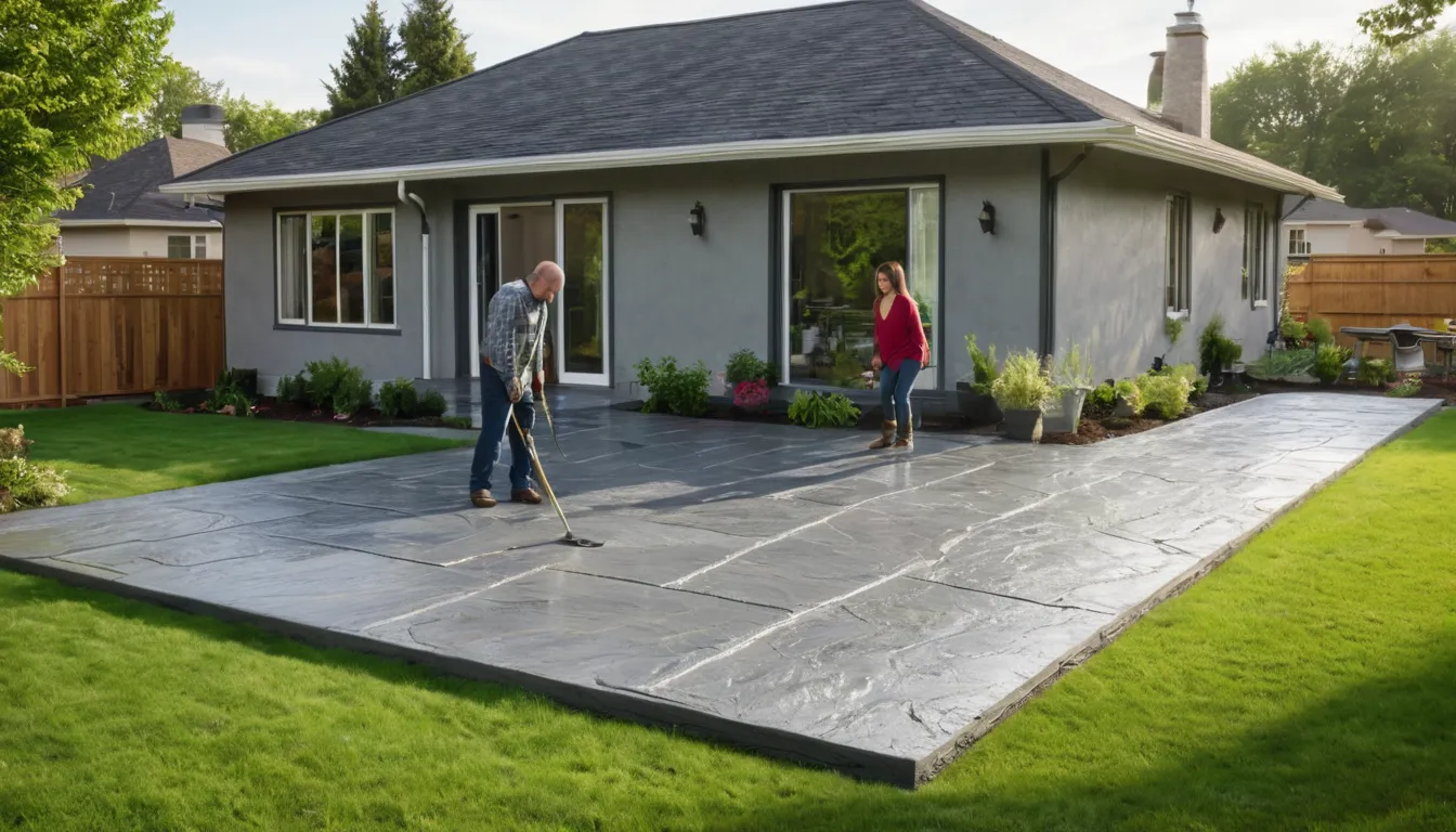 Freshly stamped slate-pattern concrete patio behind a frame house in Bethel, with a homeowner couple looking on